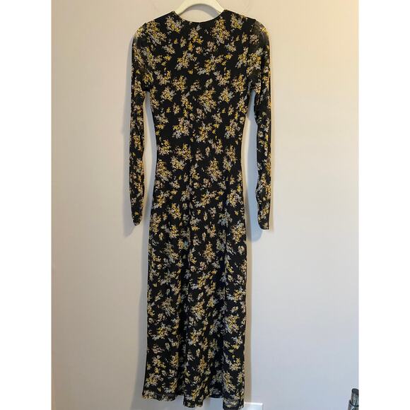AFRM Tezza Black & Yellow Floral Ruched Mesh Midi Long Sleeves Dress Womens XS - Picture 3 of 11